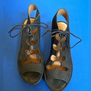 Clarks Black suede, laced wedge sandals, size 8M